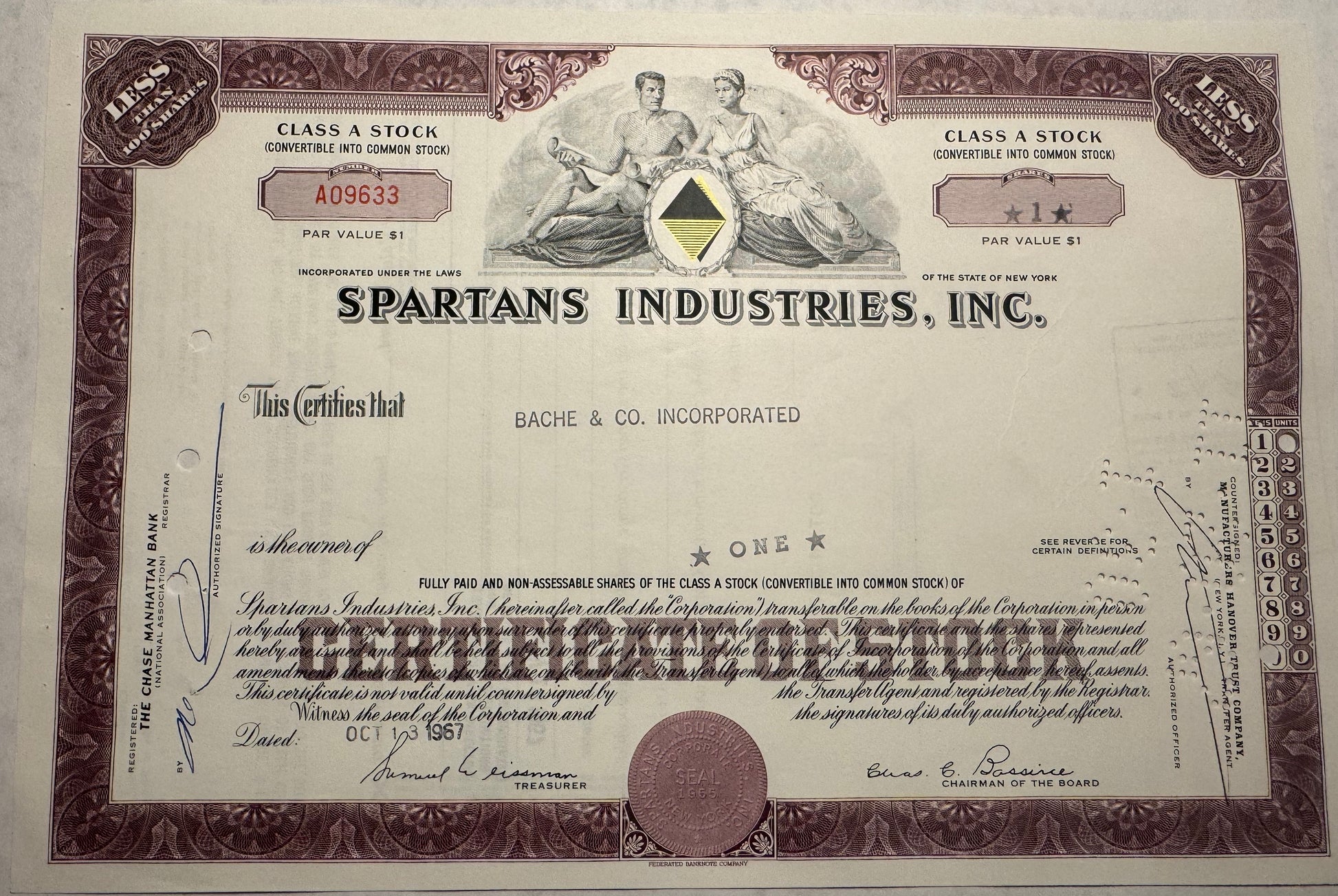 purple stock certificate from Spartans Industries Incorporated