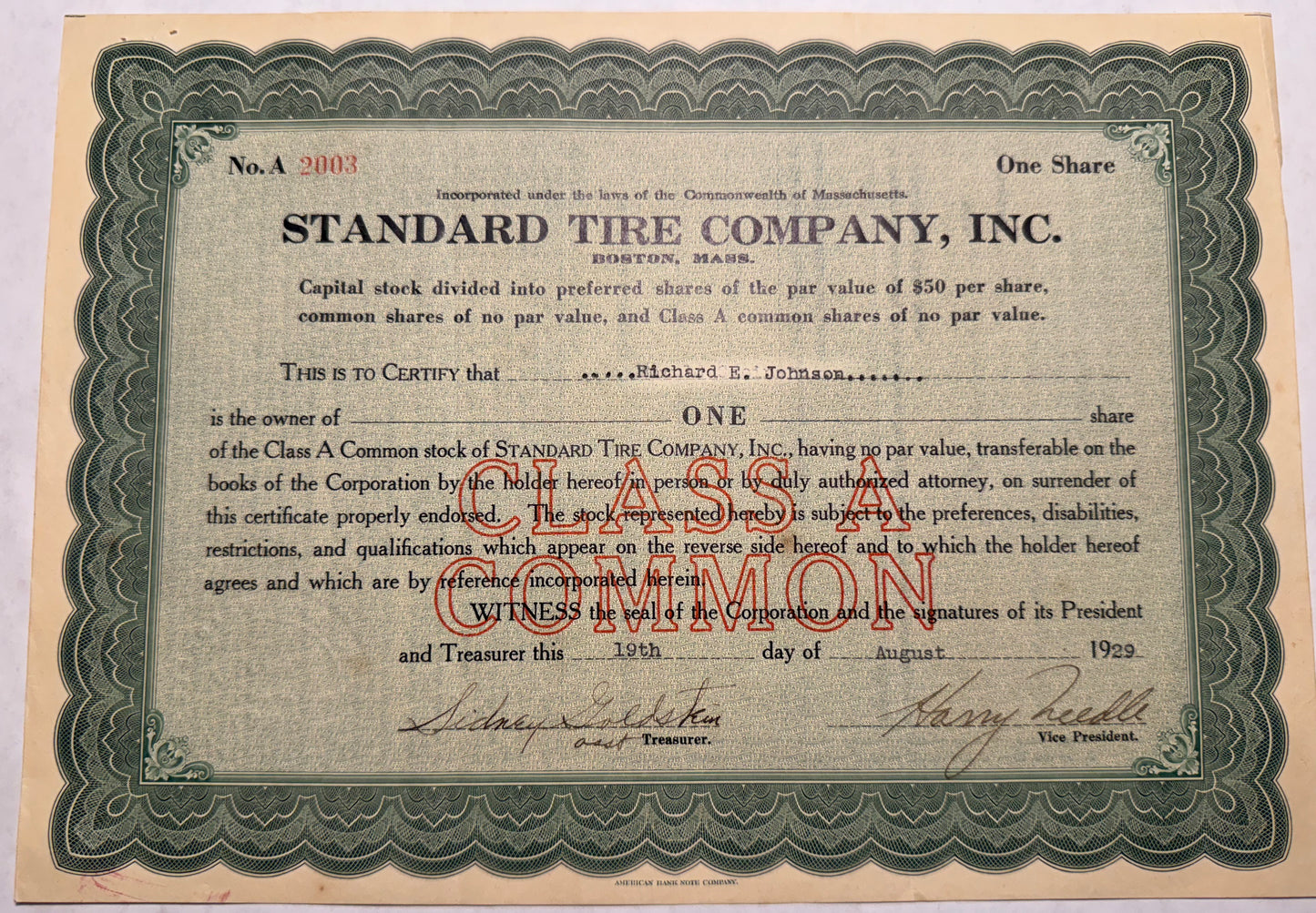 Standard Tire Company Inc Stock Certificate