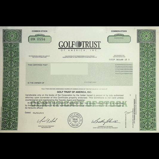 Golf Trust of America Inc, Stock Certificate from 2003 (Golf course roll up)