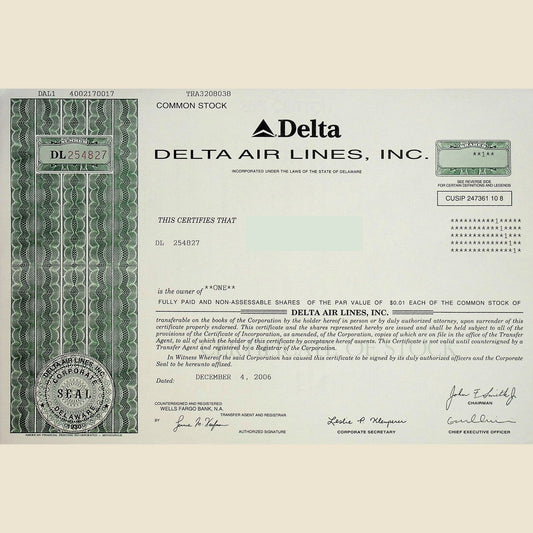 Delta Air Lines, Inc Stock Certificate from 2006