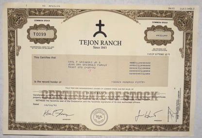 Tejon Ranch Stock Certificate