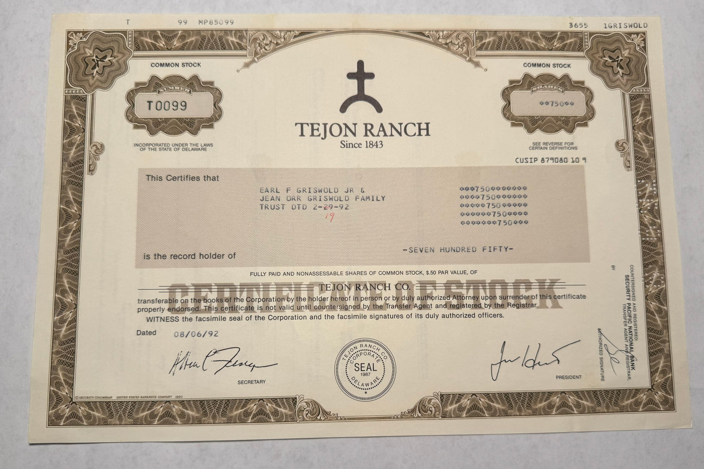 Tejon Ranch Stock Certificate