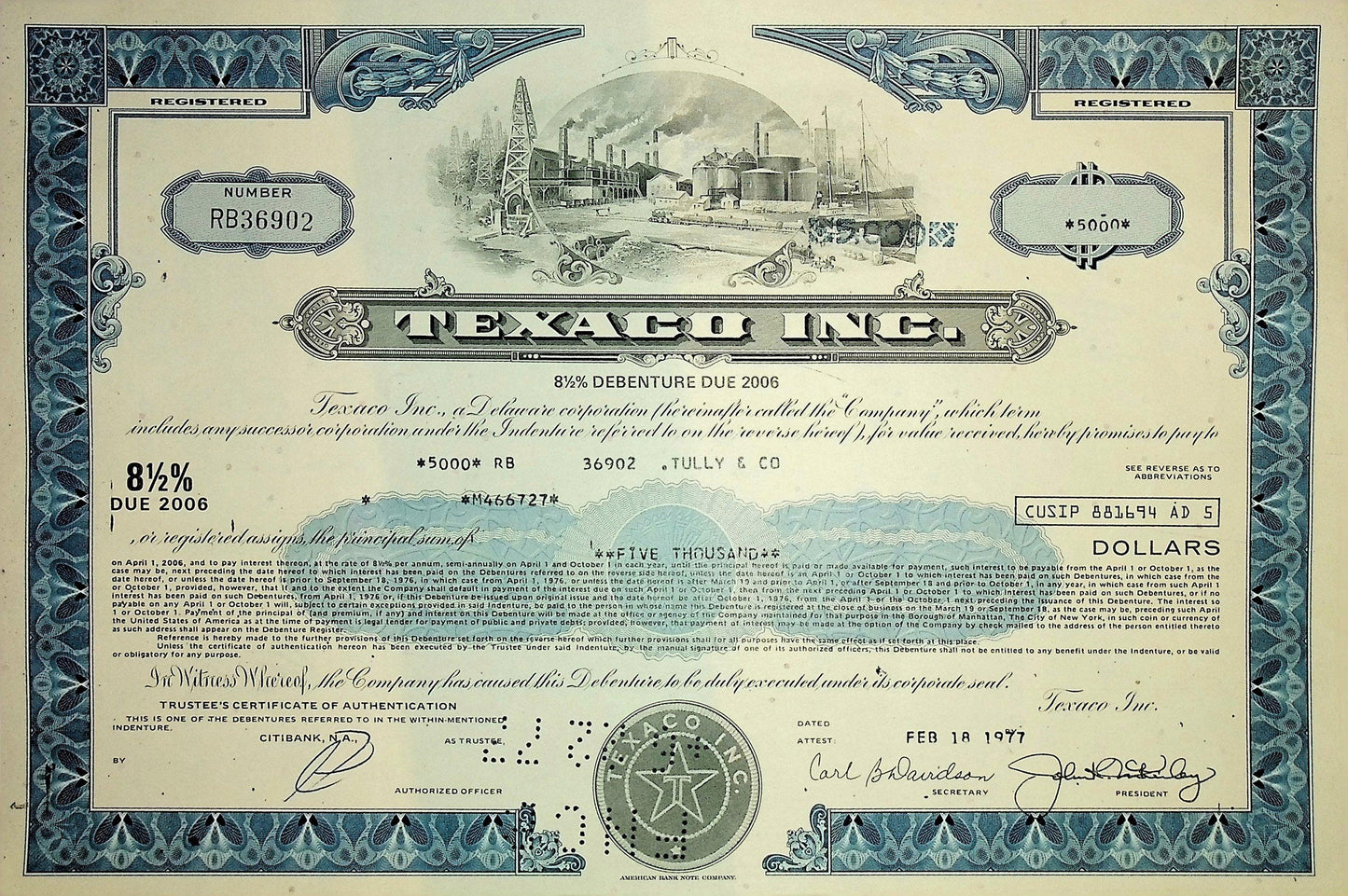 Texaco Inc (now Chevron) Bond Certificate