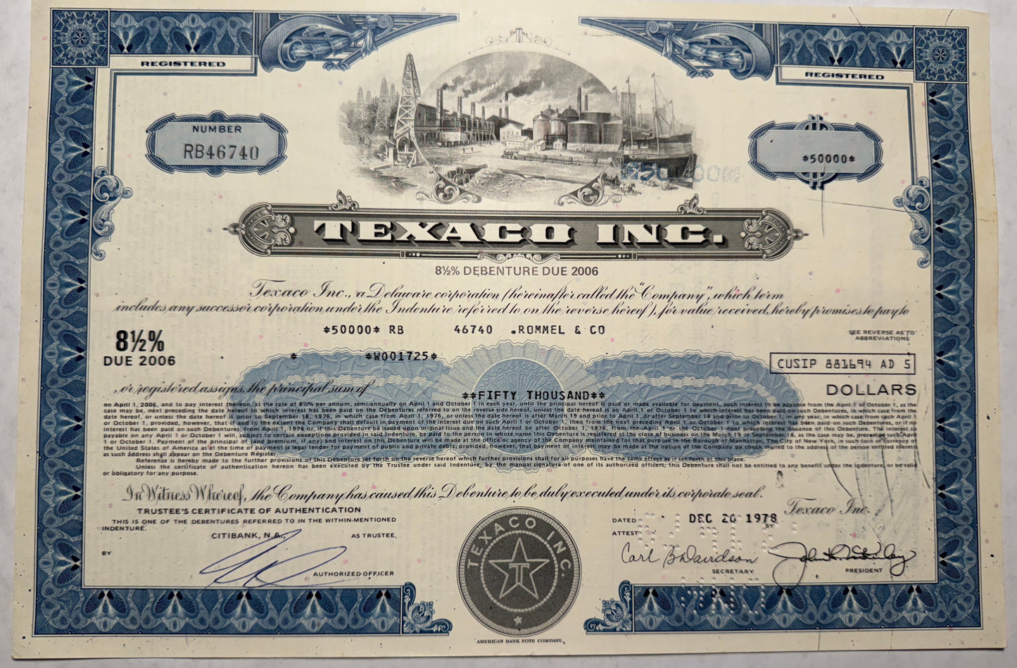 Texaco Inc (now Chevron) Bond Certificate