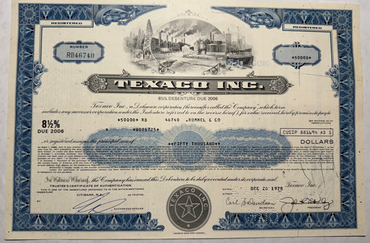 Texaco Inc (now Chevron) Bond Certificate