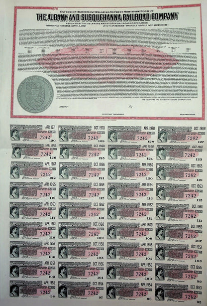 The Albany and Susquehanna Railroad Company Bond from 1946 with coupons