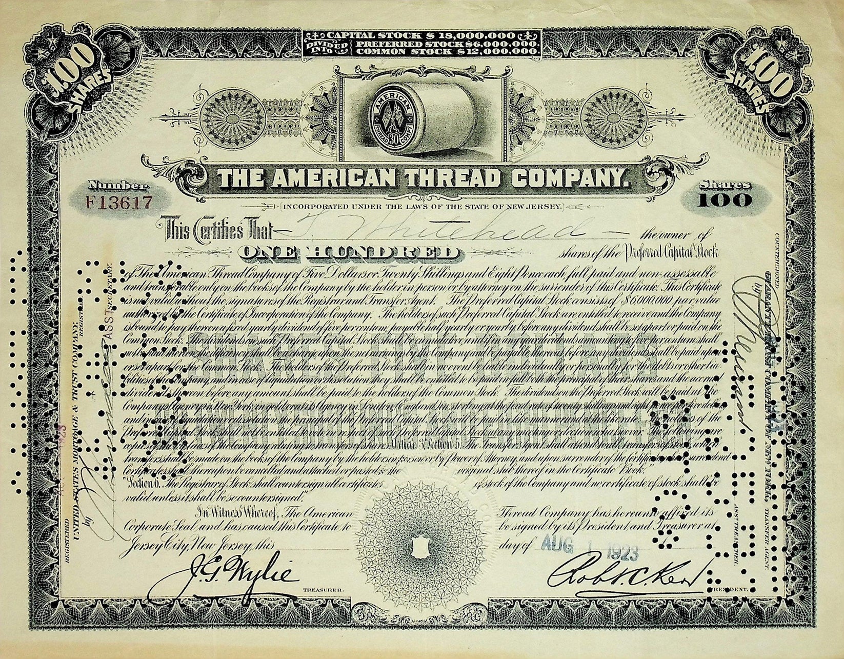The American Thread Company Stock Certificate 1945 – Ticker History