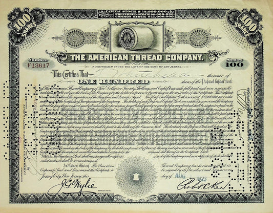 The American Thread Company Stock Certificate