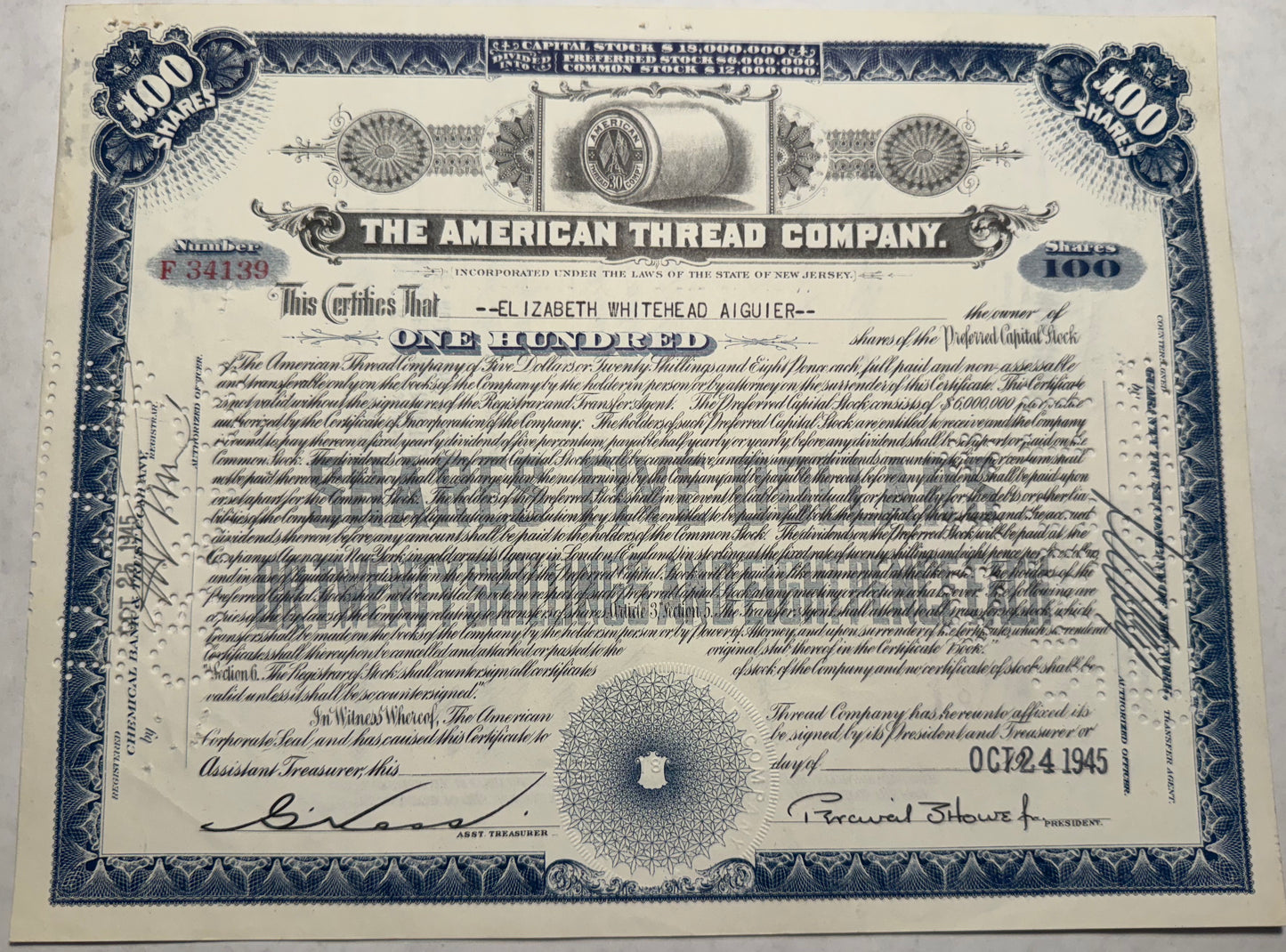 The American Thread Company Stock Certificate