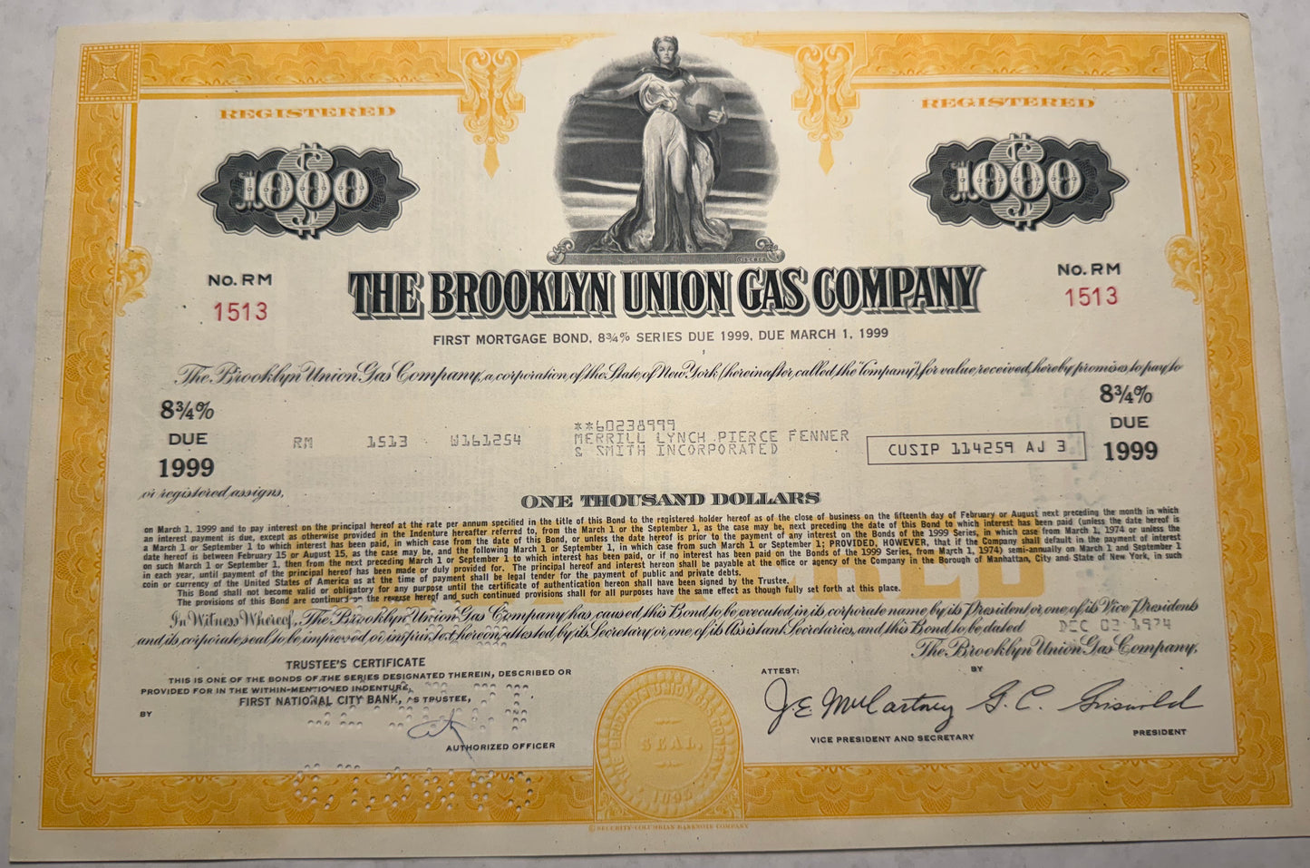 Brooklyn Gas Company (now NationalGrid) Bond Certificate