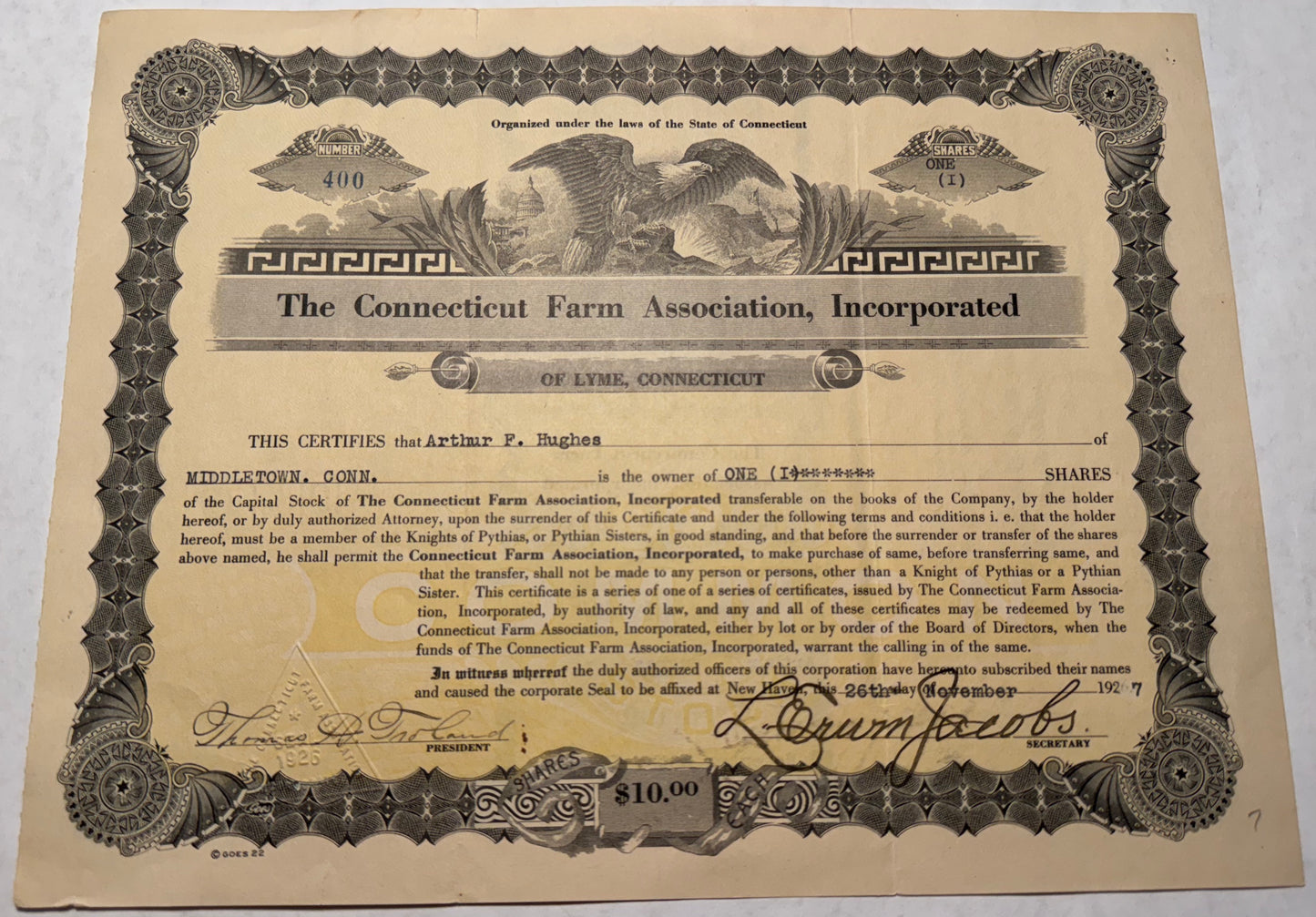 The Connecticut Farm Association Stock Certificate