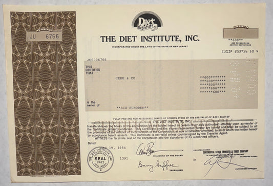 The Diet Institute Inc Stock Certificate