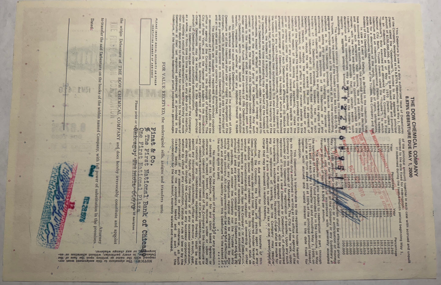 The Dow Chemical Company Bond Certificate