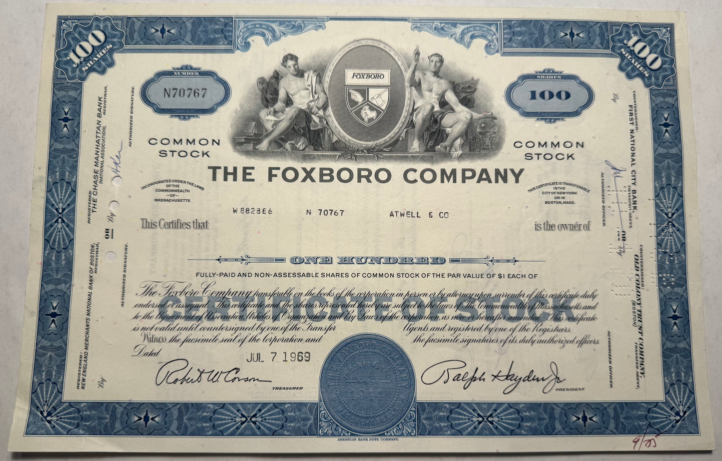 The Foxboro Company Stock Certificate, blue from 1969