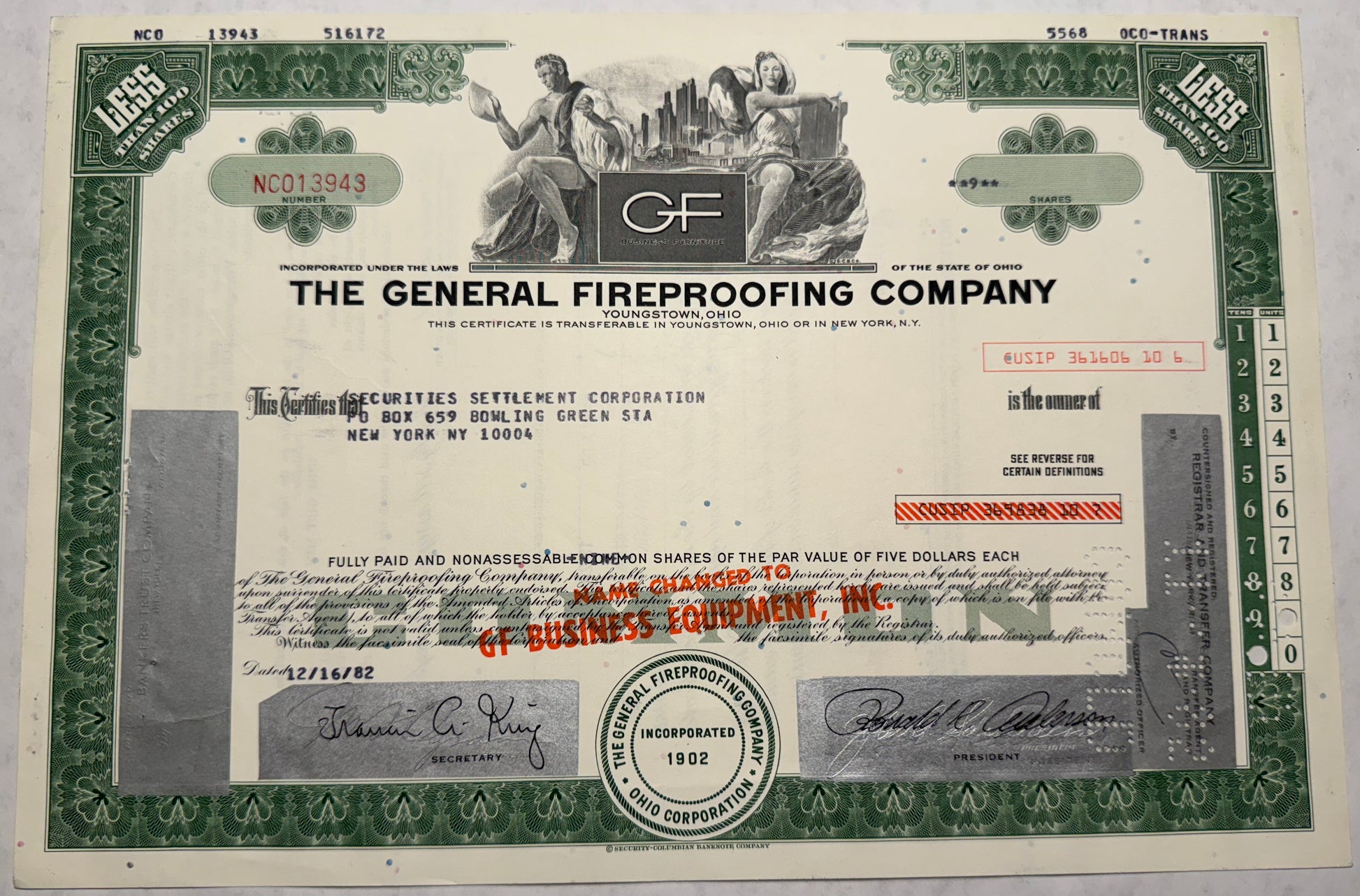 This green stock certificate from The General Fireproofing Company, issued in 1982