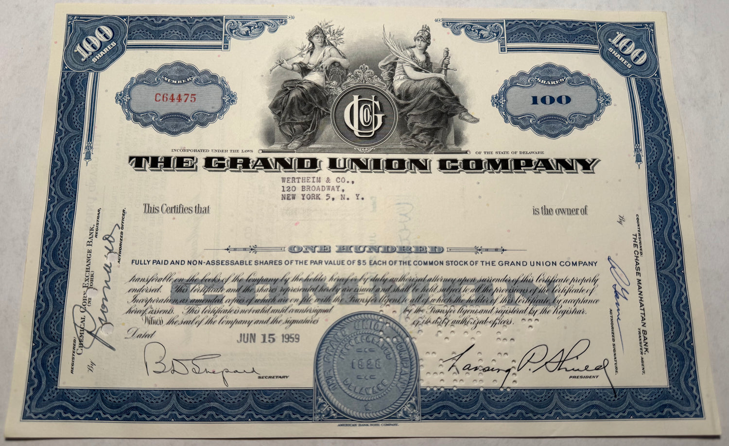  This blue stock certificate from The Grand Union Company, issued in 1959,