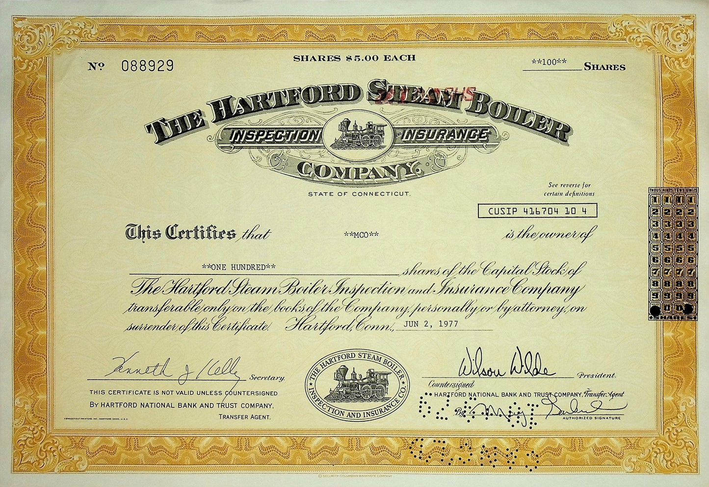 The Hartford Steam Boiler Inspection Insurance Stock Certificate