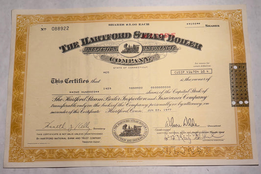 The Hartford Steam Boiler Inspection and Insurance Company, orange stock certificate from 1977