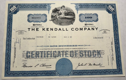 The Kendall Company Stock Certificate blue certificate issued in 1969