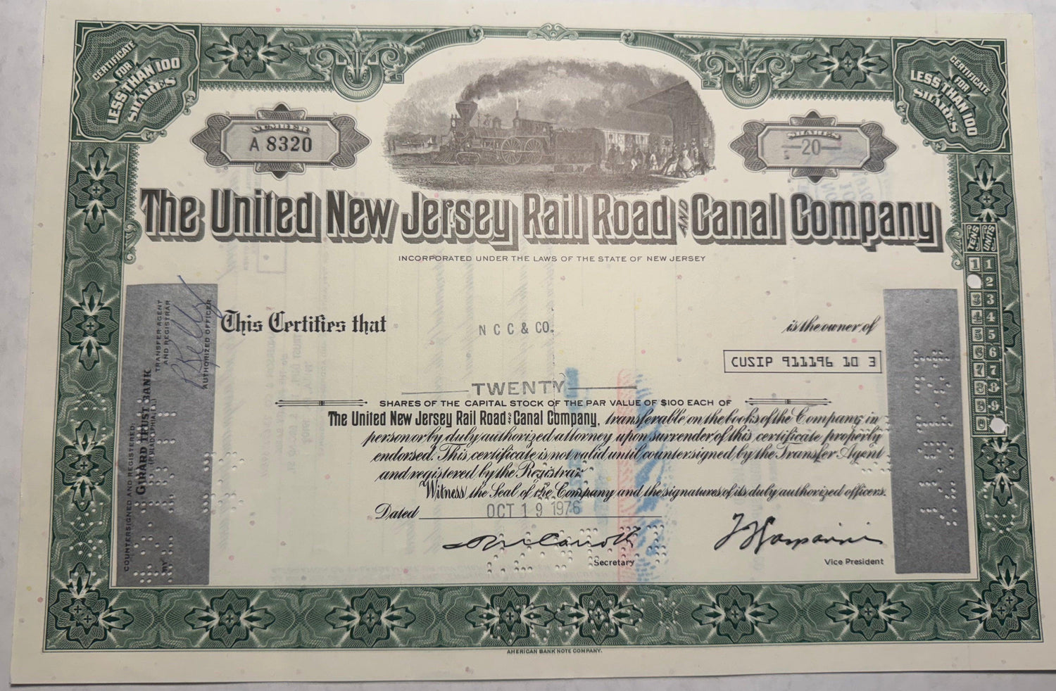 The United New Jersey Rail Road and Canal Company Stock Certificate