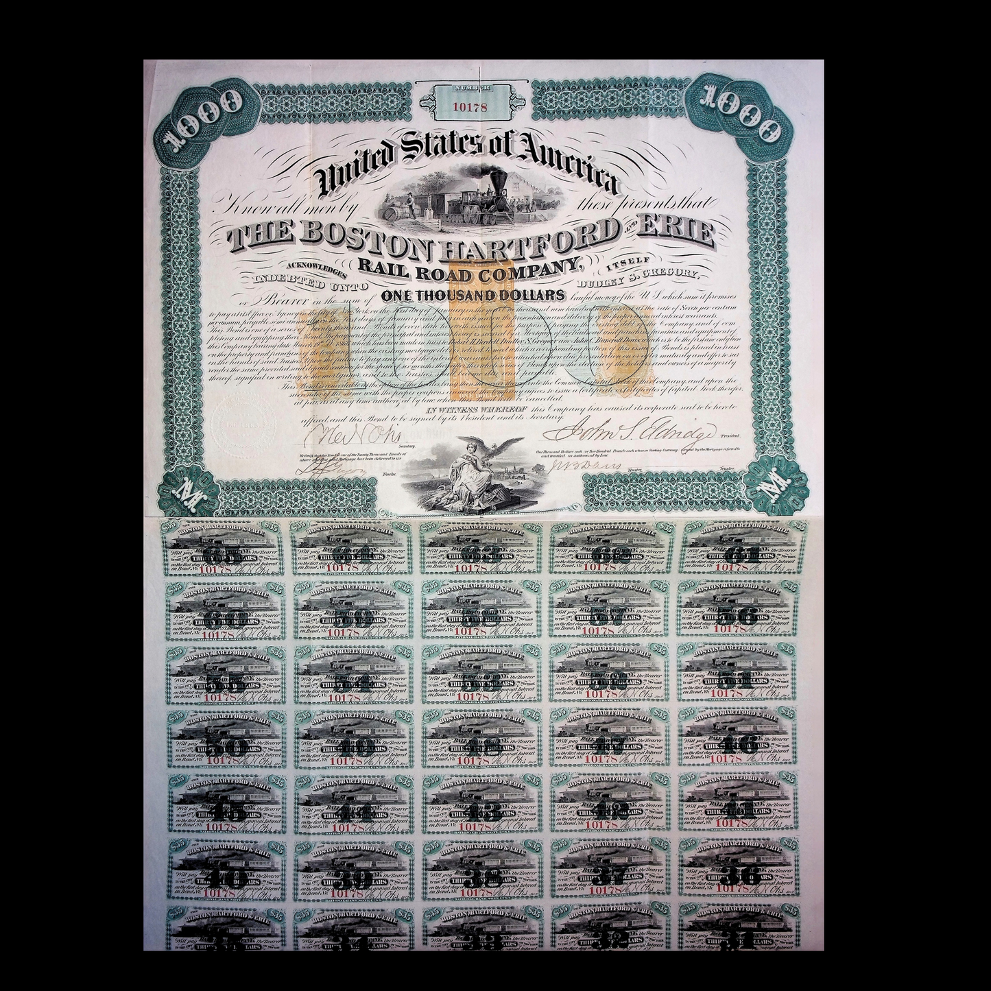 The Boston Hartford and Erie Railroad Company Bond for $1,000 from 1863