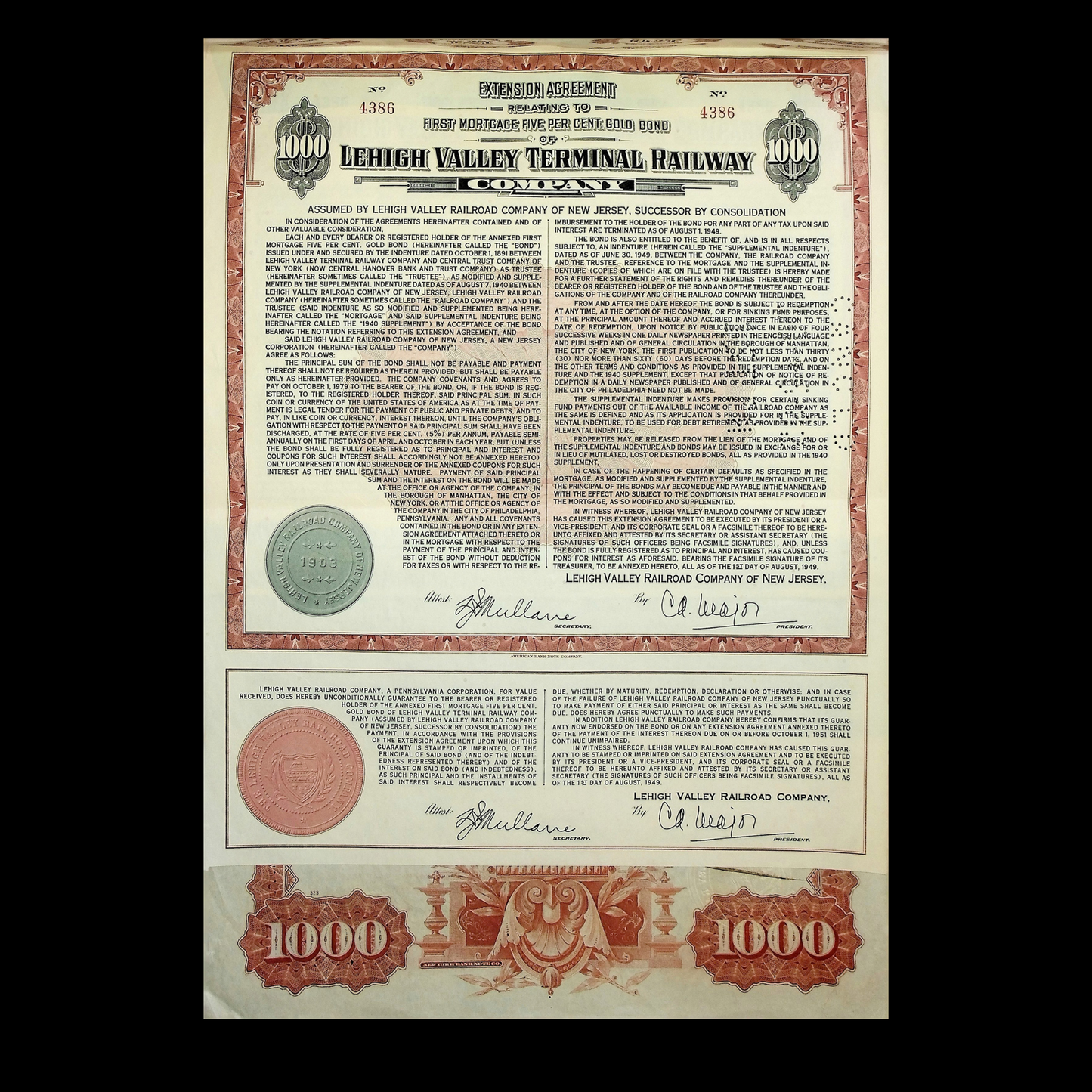 The Lehigh Valley Terminal Railway Company Bond Certificate from 1892