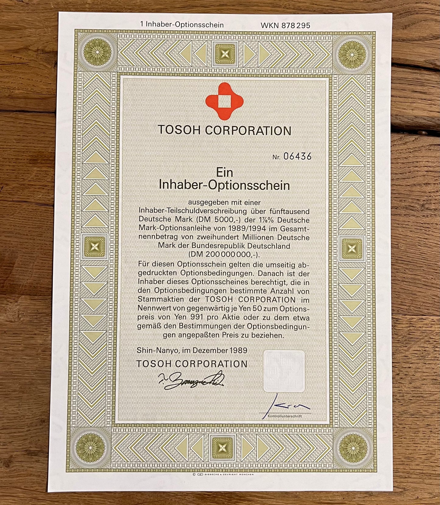 Tosoh Corporation Warrant Certificate (in German)