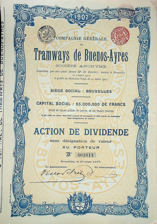 Tramways de Buenos-Ayres Dividend Certificate from 1907