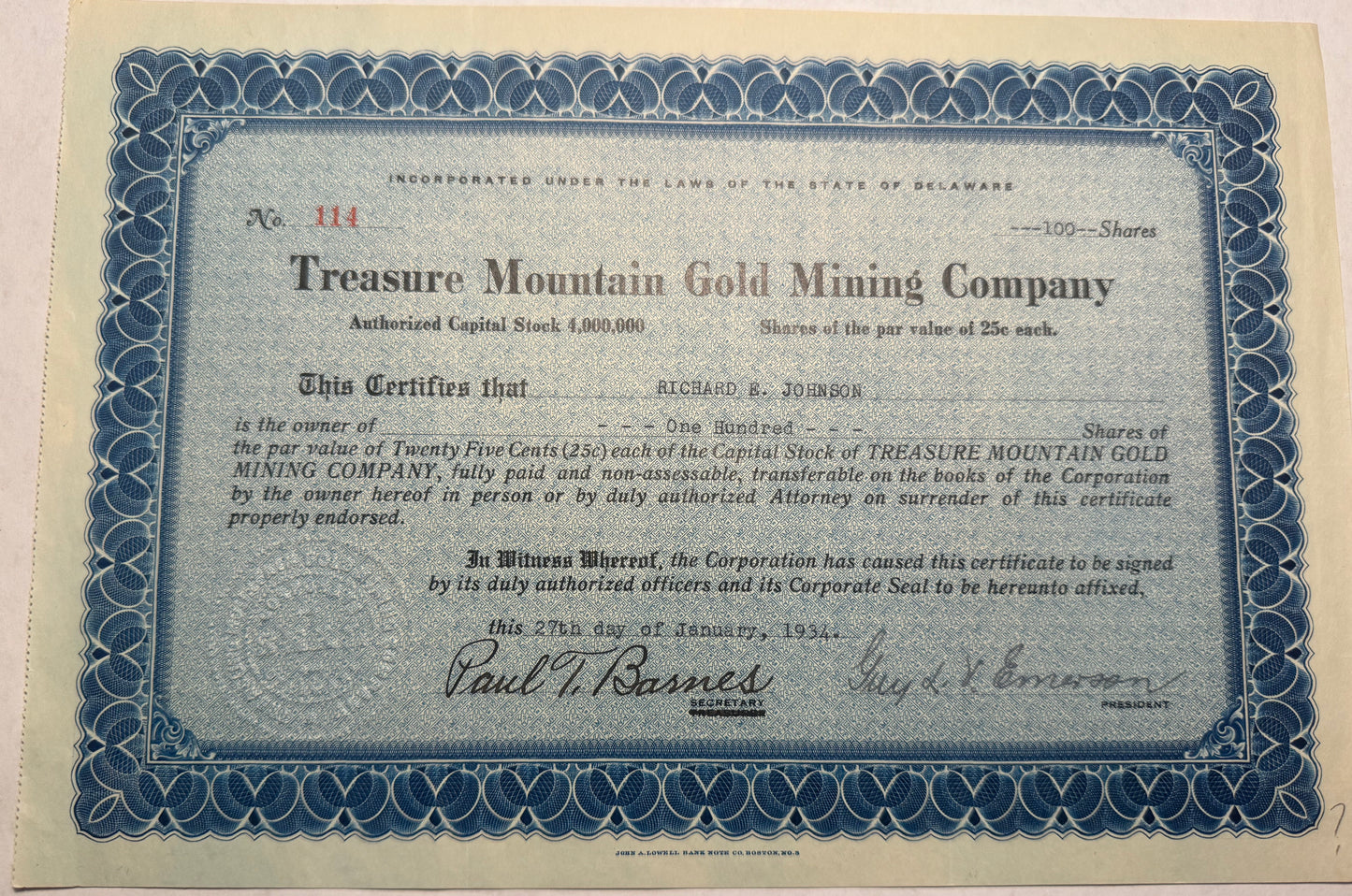 This blue stock certificate from the Treasure Mountain Gold Mining Company, dated 1934,