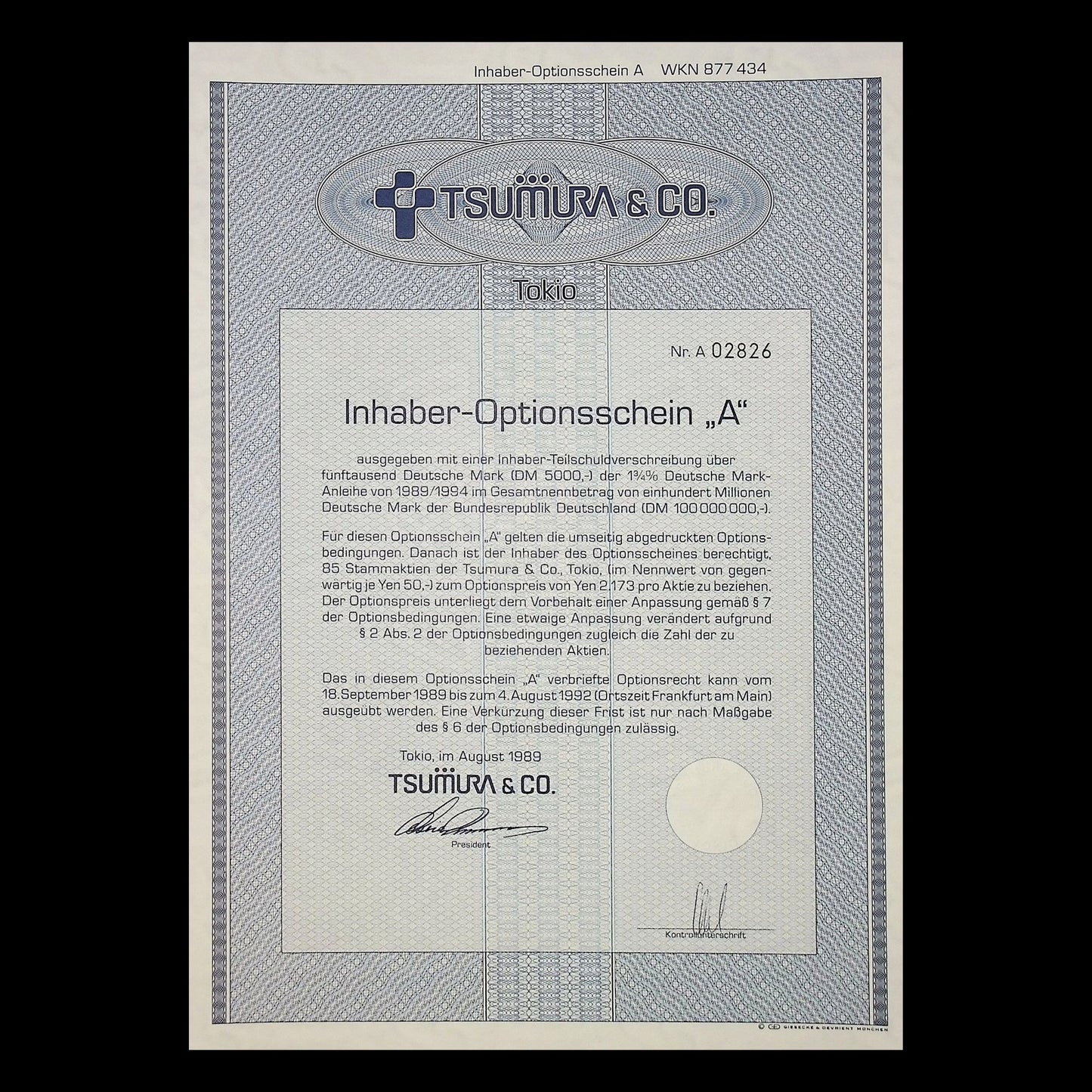 Tsumura & Co Bearer Warrant Certificate (Pharma co from Tokyo)  from 1989 in German