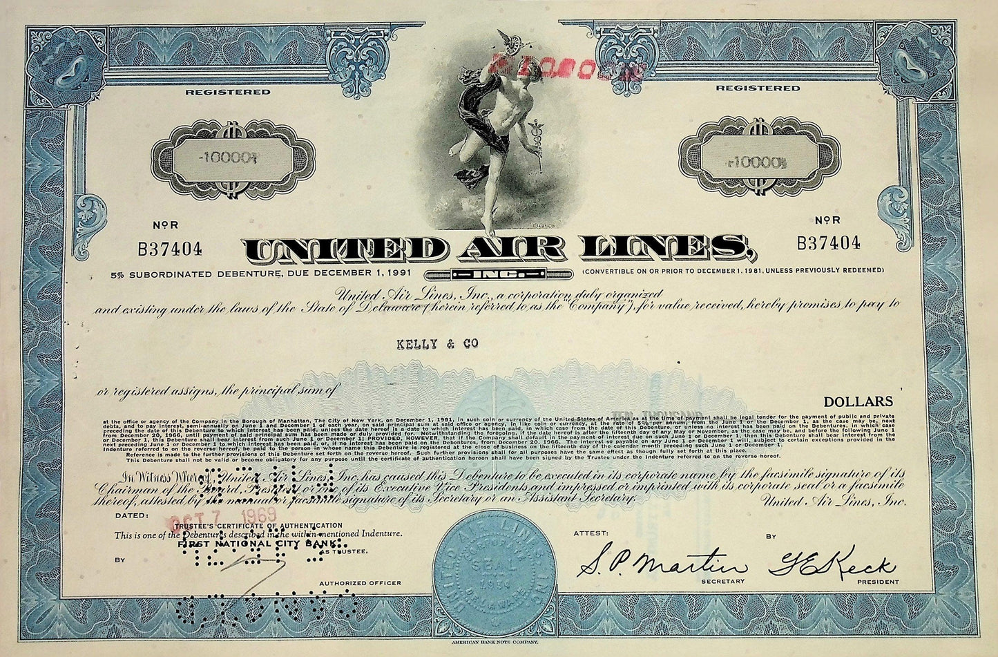 United Airlines Stock Certificate From 1960s/70s (Multiple colors)