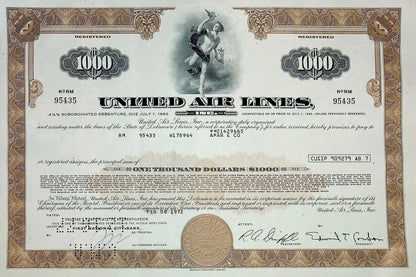 United Airlines Stock Certificate From 1960s/70s (Multiple colors)