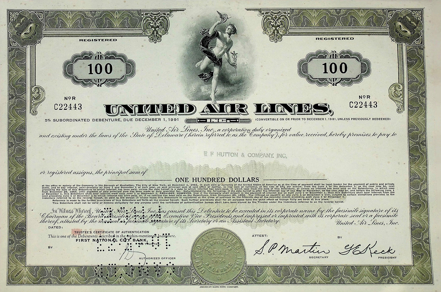 United Airlines Stock Certificate From 1960s/70s (Multiple colors)