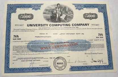 bond certificate from The University Computing Company (UCC)