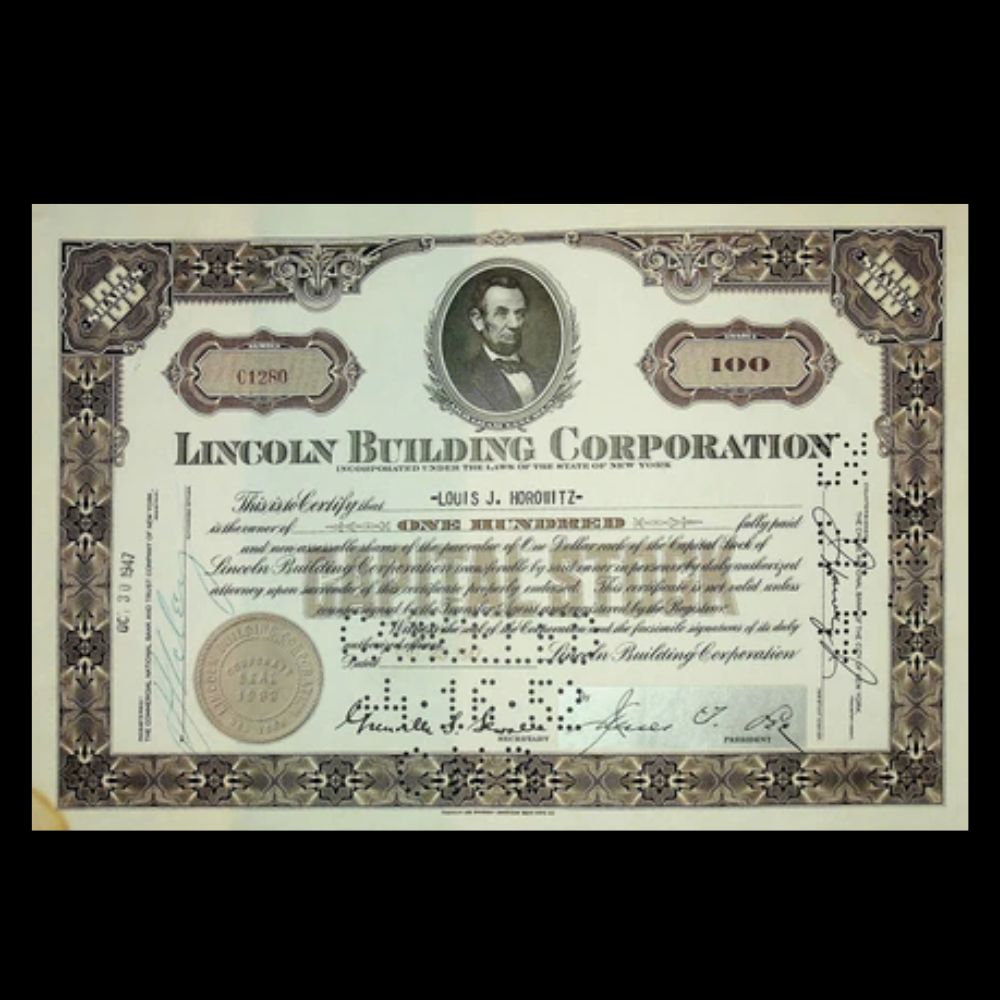 林肯建筑公司（附有亚伯拉罕·林肯的照片）股票证书 - 1 Grand Central Bdlg