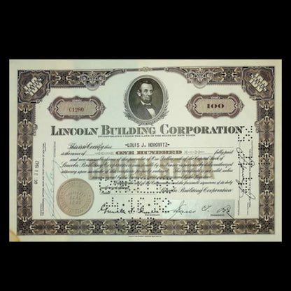 林肯建筑公司（附有亚伯拉罕·林肯的照片）股票证书 - 1 Grand Central Bdlg