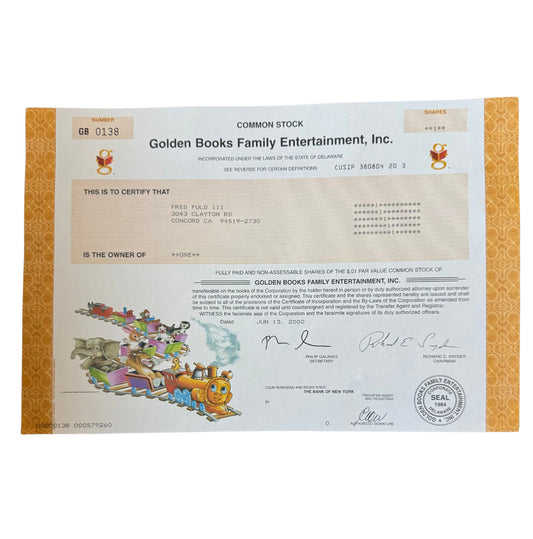 Golden Books Family Entertainment Stock Certificate (dot com)