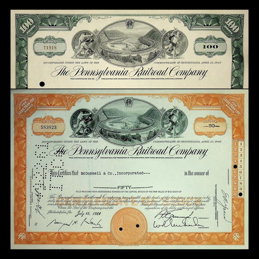 20 世纪 60 年代的宾夕法尼亚铁路公司股票证书（马蹄形曲线）
