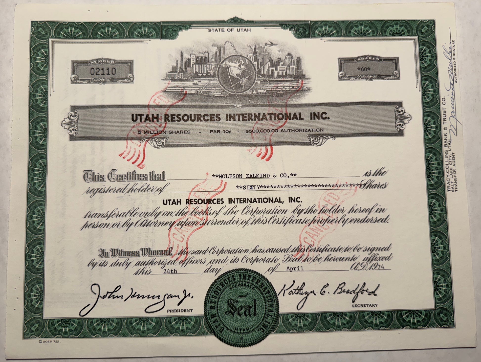 Utah International Inc stock certifiacte