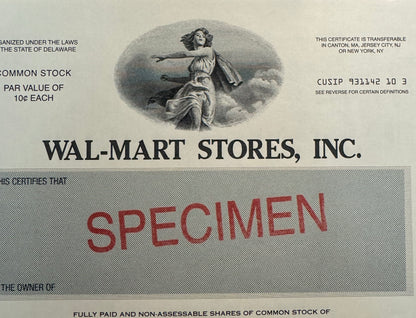 Walmart Stores Stock Certificate - Specimen