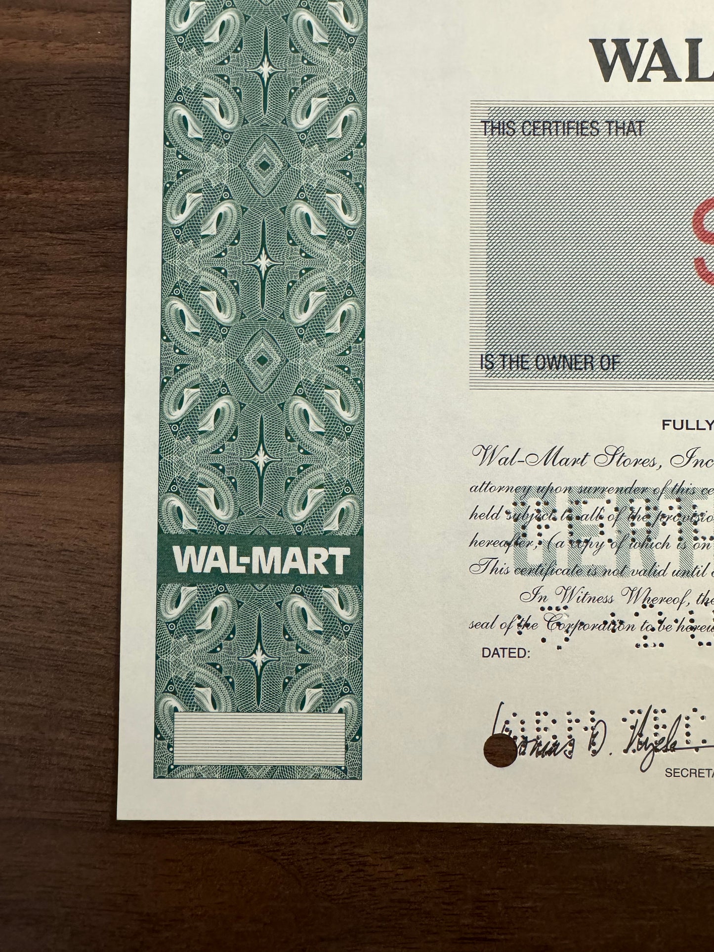 Walmart Stores Stock Certificate - Specimen