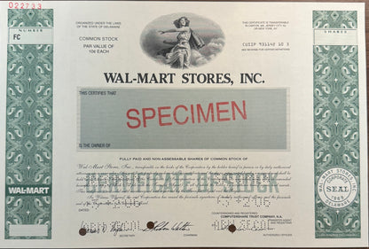 Walmart Stores Stock Certificate - Specimen