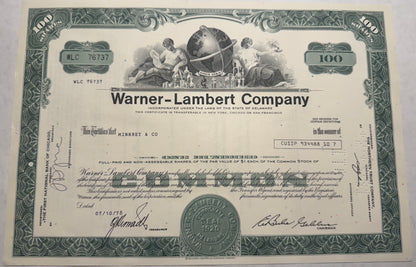 Warner-Lambert Company Stock Certificate, green from 1978, cancellation holes, stamps and writing present. 