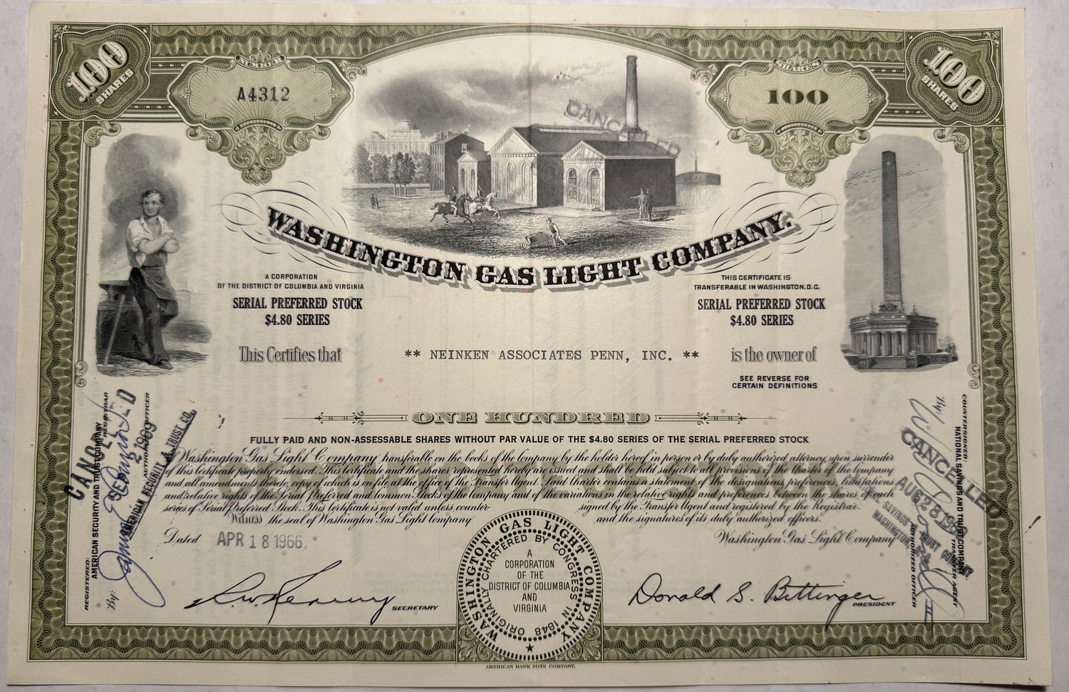 Washington Gas Light Company Stock Certificate