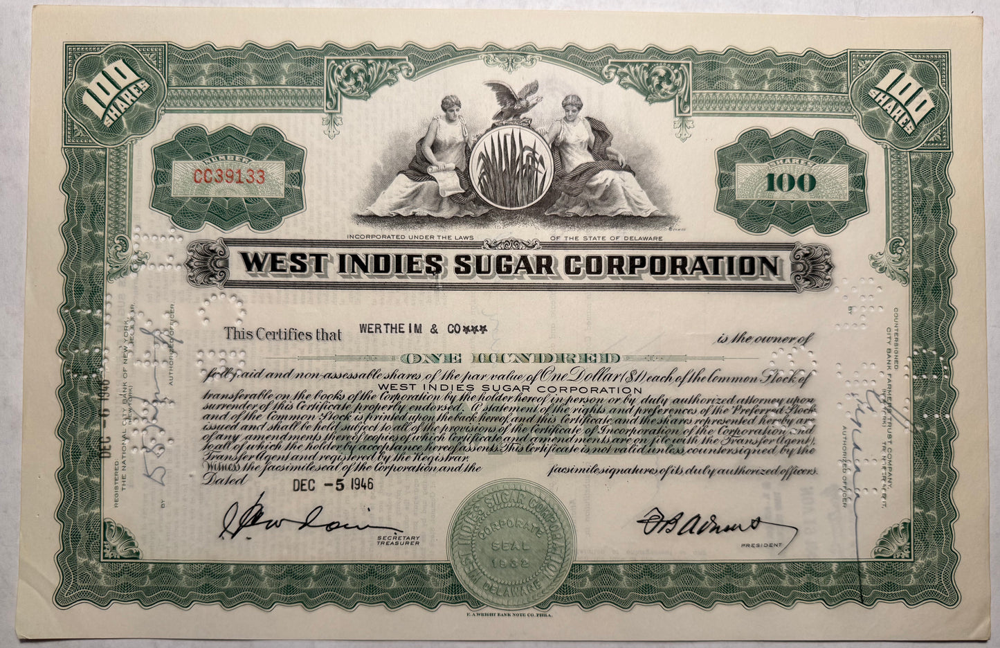 West Indies Sugar Corporation Stock Certificate,