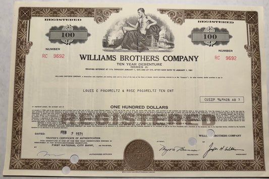 Williams Brothers Company (reduced by Buffet) Bond Certificate