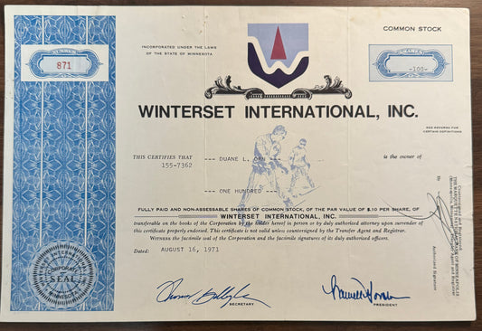 Winterset International Stock Certificate (1971) - For Skiers