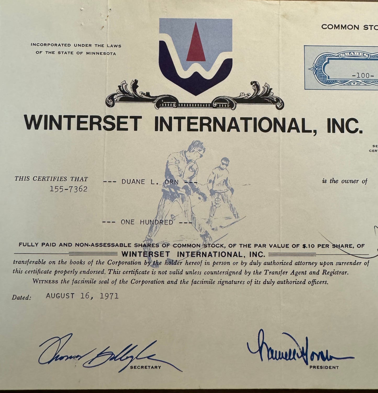 Winterset International Stock Certificate (1971) - For Skiers