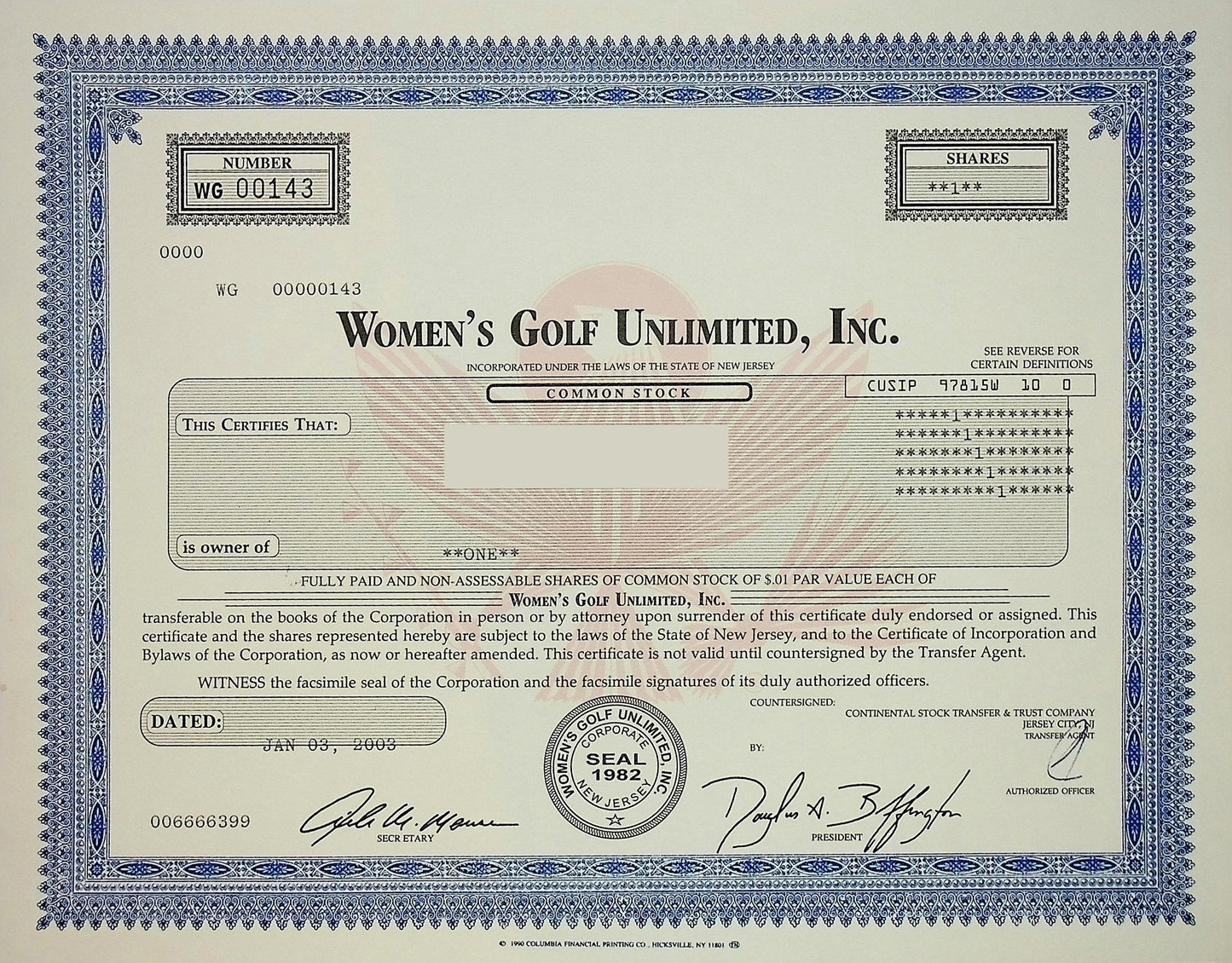 Women's Golf Unlimited Inc Stock Certificate from 2003