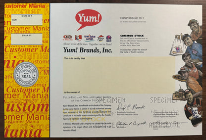 Yum! Brands Stock Certificate feat. KFC, Pizza Hut, and Taco Bell